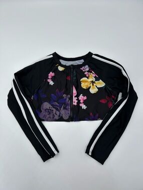 wonder nation Black Floral Long-Sleeve Zip Crop Top XL 14-16 plus